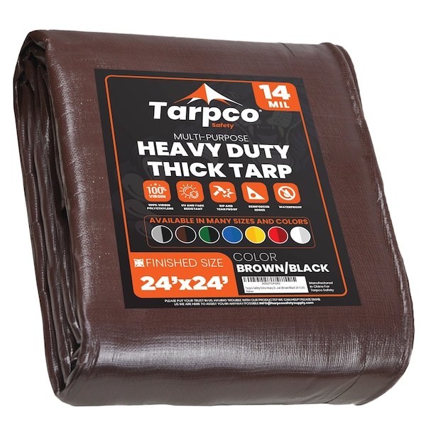 Tarpco Safety Heavy Duty Tarp, 24 ft L x 0.5 mm H x 24 ft W, 14 Mil, Brown/Black, Polyethylene TS-102-24X24 - main